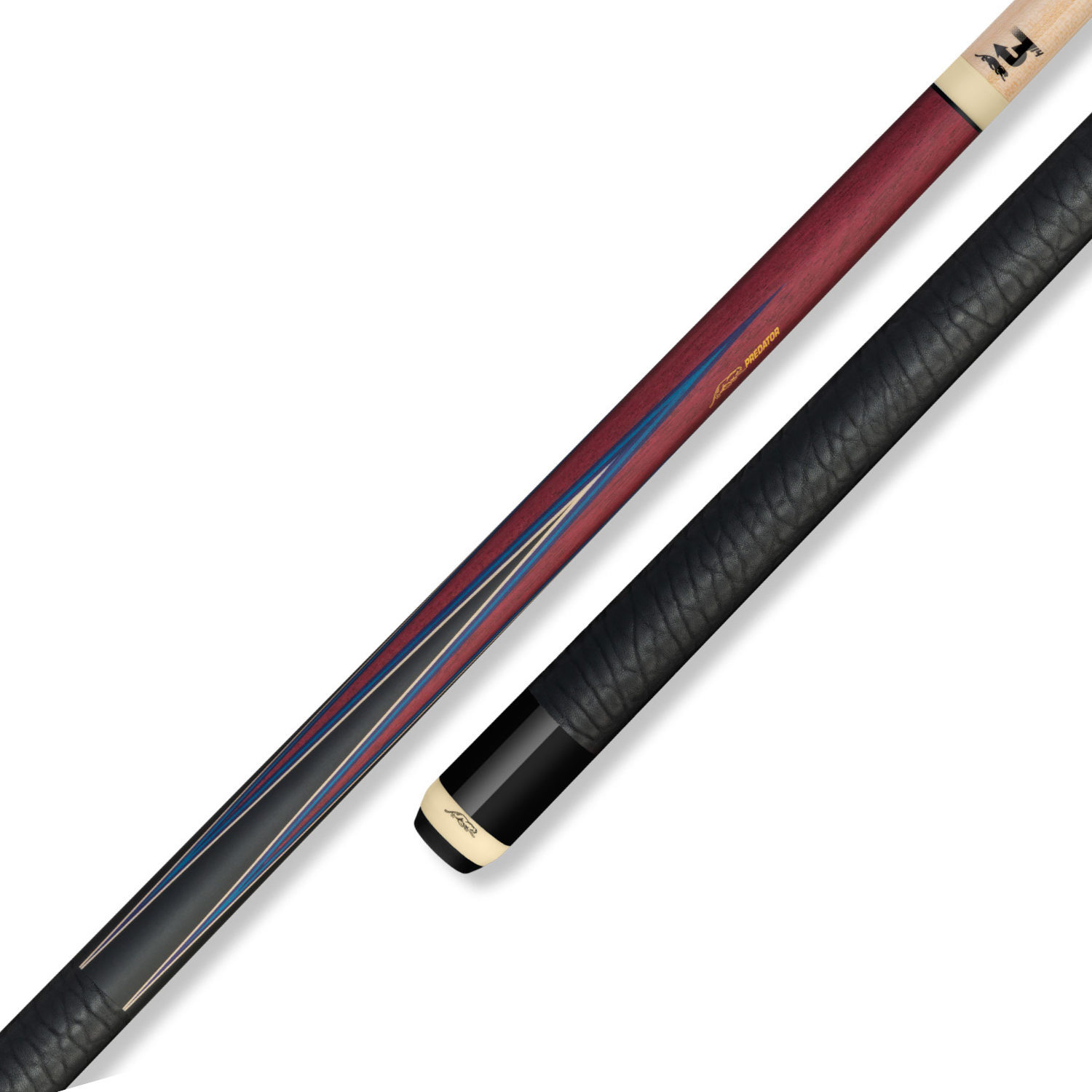 BAGUETTE DE BILLARD PREDATOR SNEAKY PETE 4 POINTES - VIOLET / BLEU - WRAP EN CUIR AVEC MOTIFS D'ÉLÉPHANTS (FLÈCHE NON INCLUSE)