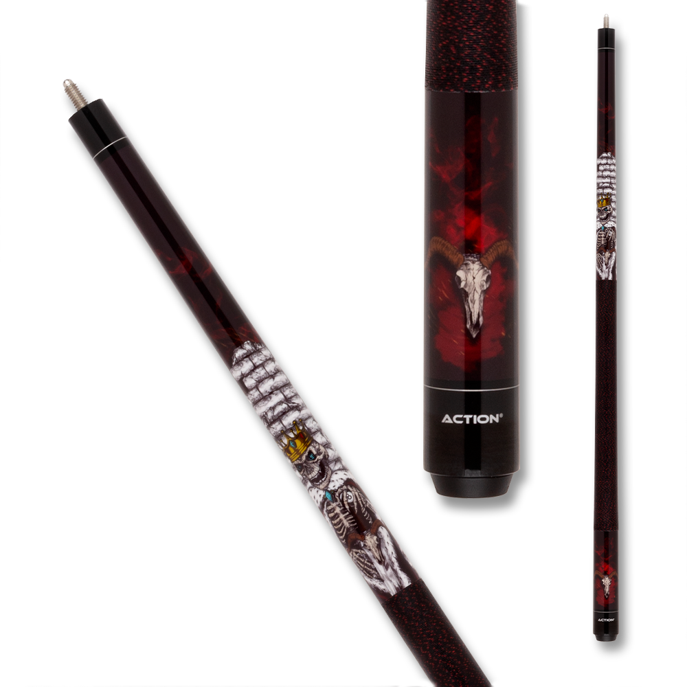 ACTION KING SKELETON POOL CUE ADV121 WRAP BLACK AND RED 13MM 19 OZ