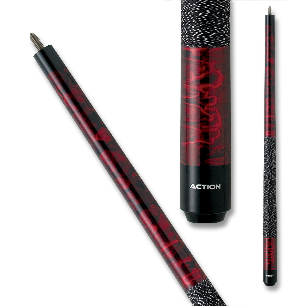 ACTION POOL CUE JR12 48" SWIRL WRAP BLACK AND RED 12MM 19OZ