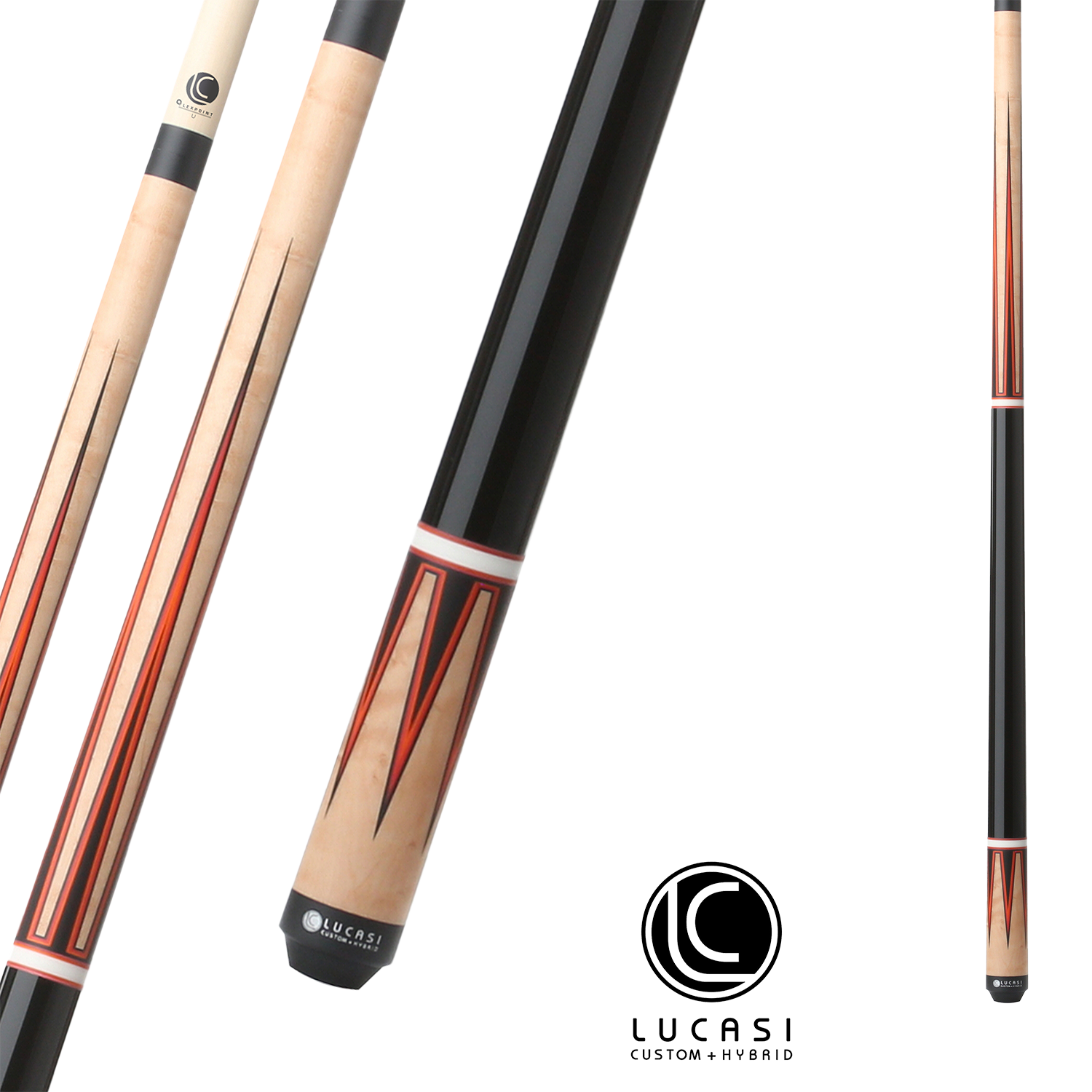 LUCASI POOL CUE CUSTOM BLACK AND ANTIQUE BIRDSEYE RED ORANGE 13MM 19OZ