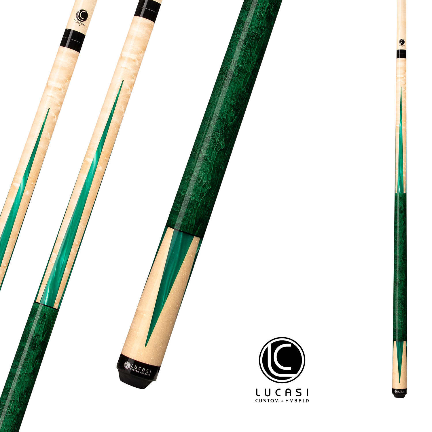 LUCASI POOL CUE CUSTOM EMERALD STAINED AND NATURAL SUPER BIRDSEYE 13MM 19OZ