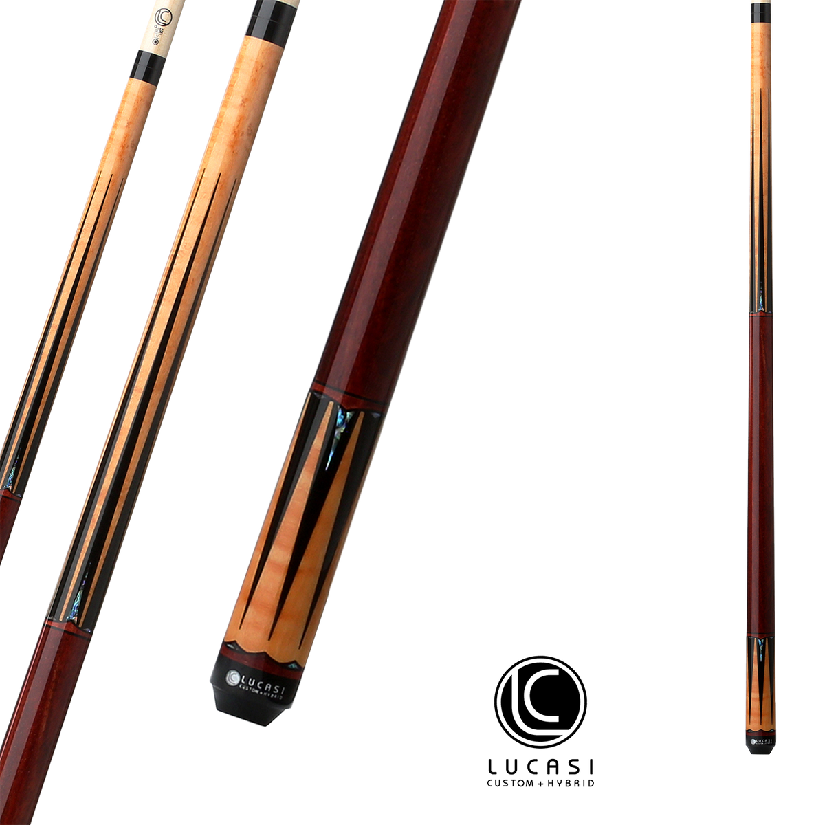 LUCASI POOL CUE HYBRID GOLD STAINED BIRDSEYE BLACK AND MAPLE RING
