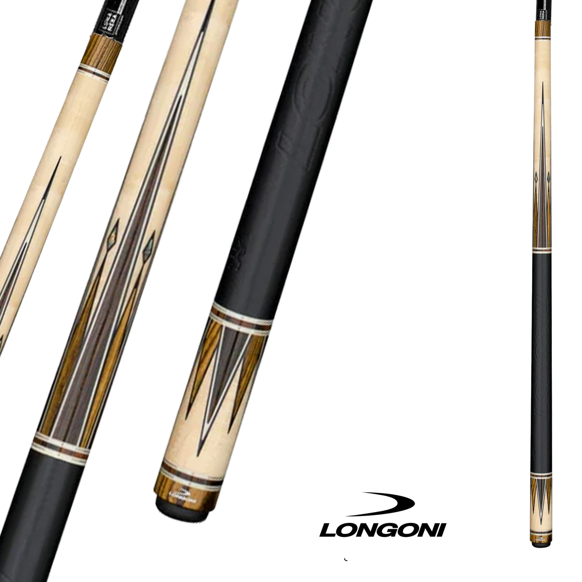 BAGUETTE DE BILLARD LONGONI MINERVA GRIP CUIR - FLÈCHE LUNA NERA BEIGE/NOIR 12.5MM 19OZ