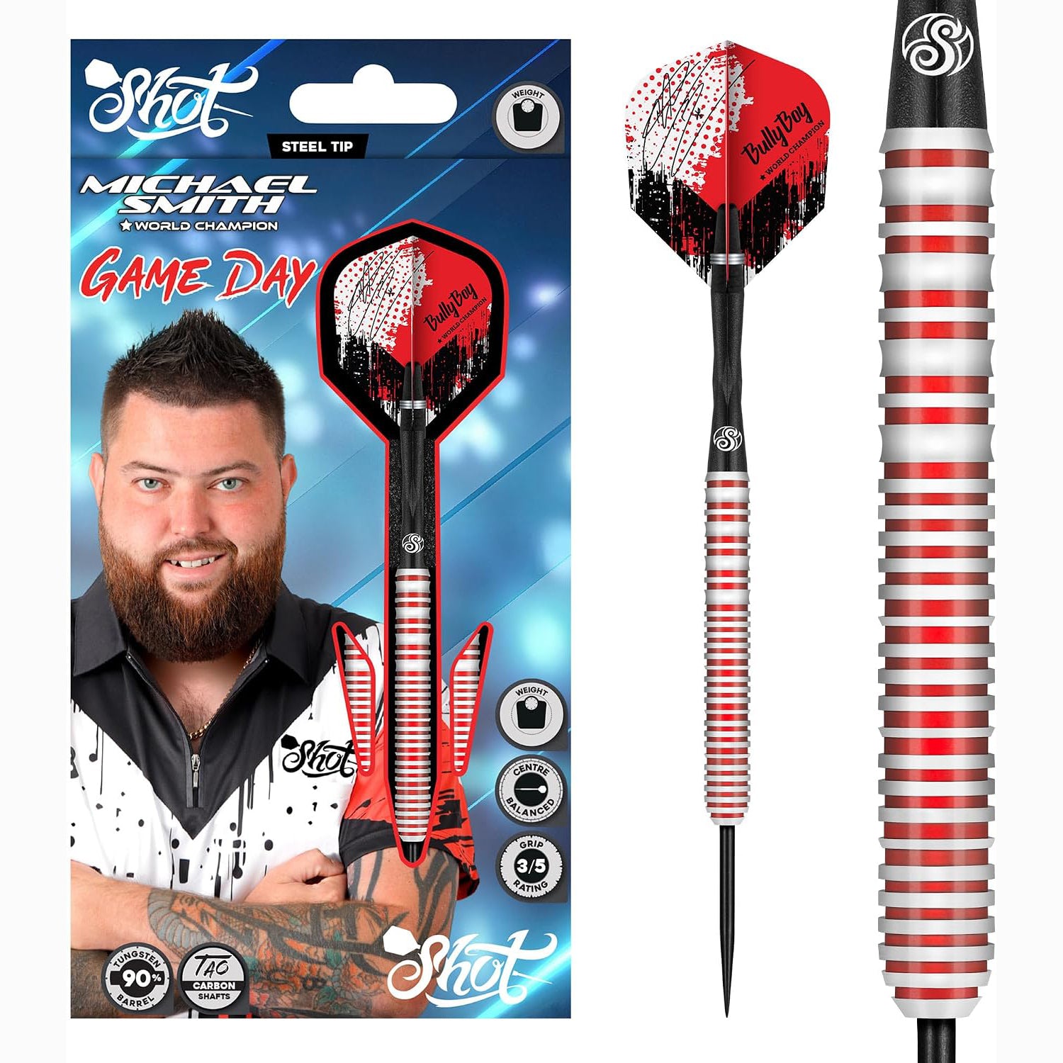 SHOT MICHAEL SMITH GAME DAY STEEL TIP DART SET - 90% TUNGSTEN BARRELS