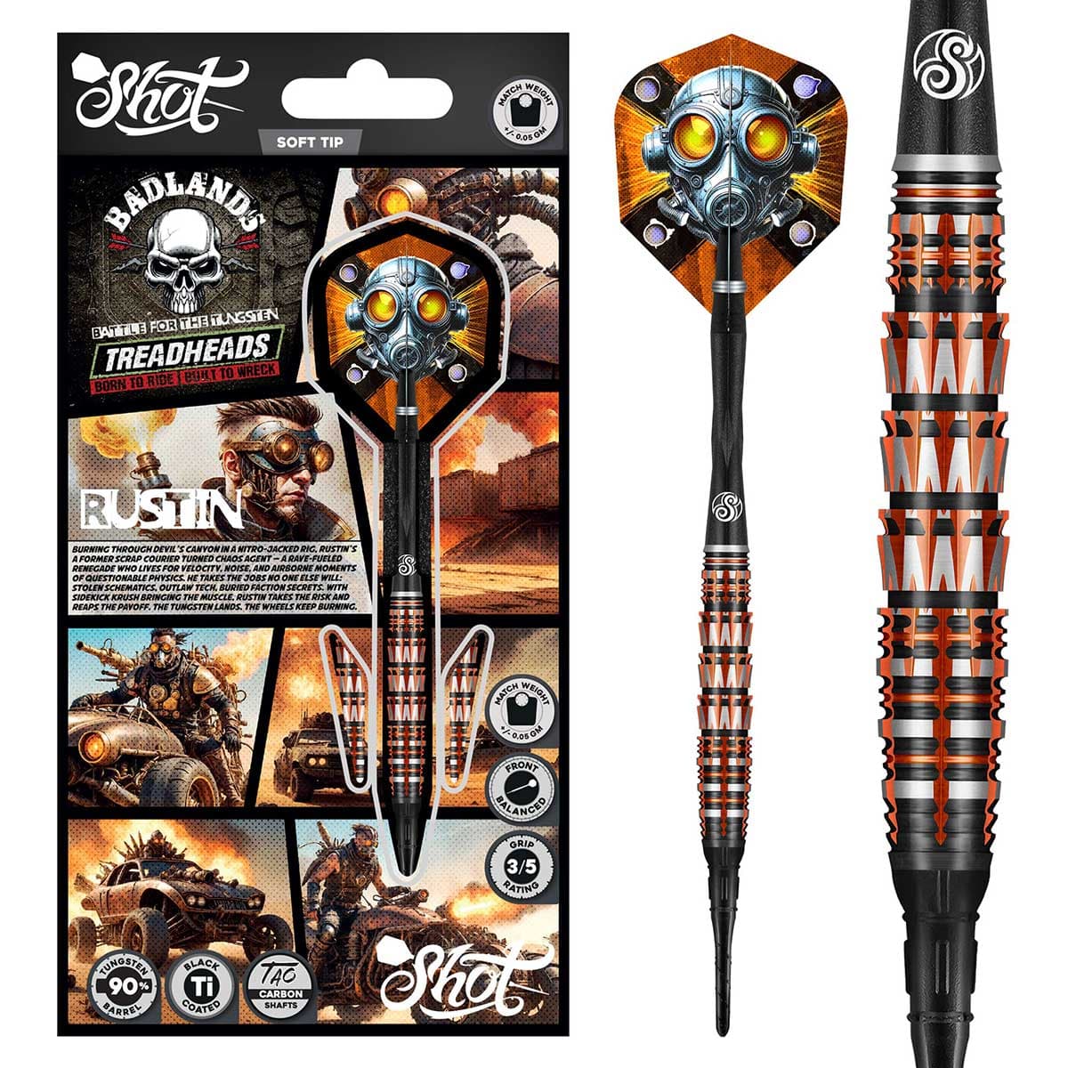 SHOT BADLANDS RUSTIN SOFT TIP DART SET - 90% TUNGTEN BARRELS
