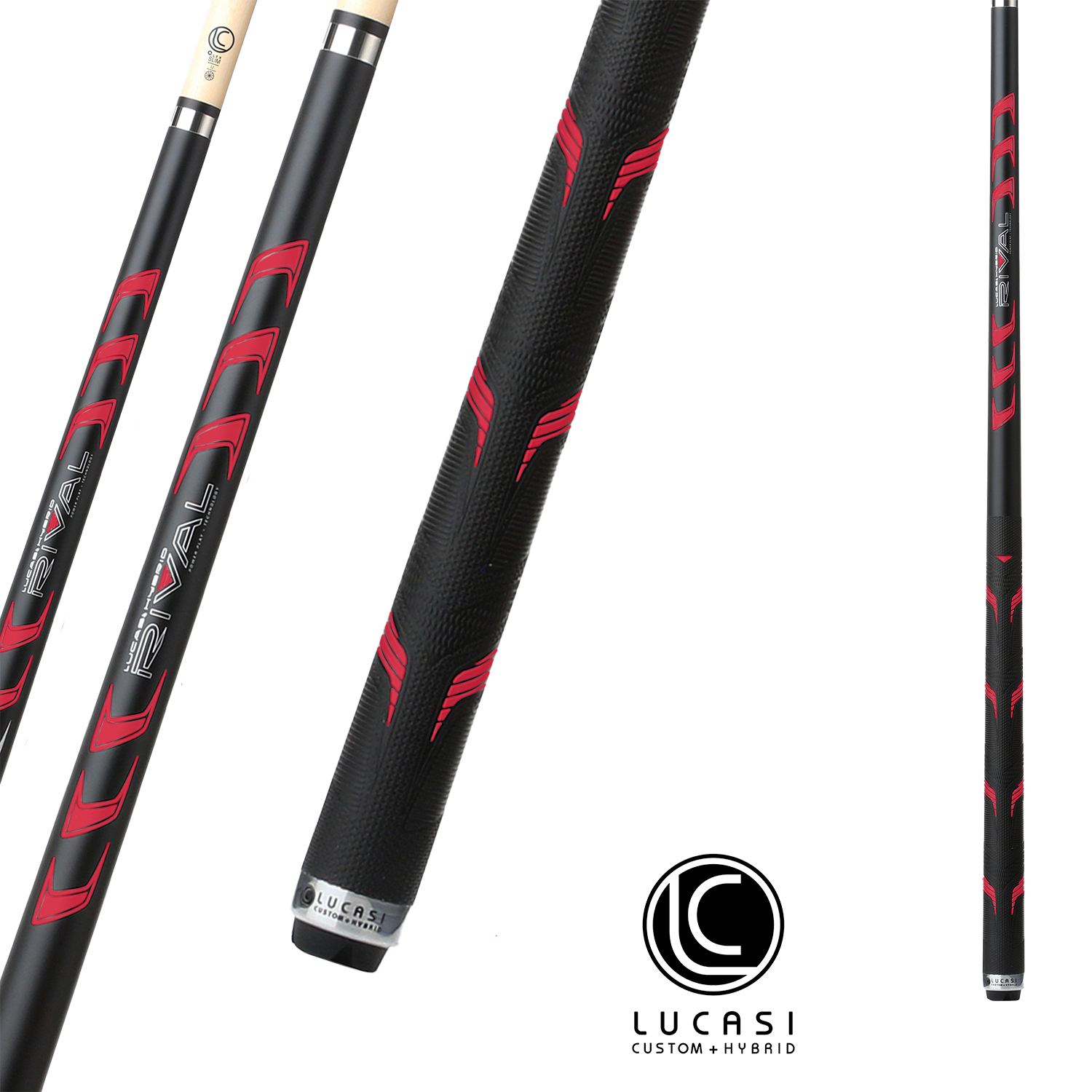 LUCASI POOL CUE LHRV23 CUSTOM/HYBRID BLACK AND RED RIVAL G5 WRAP 13MM 19OZ