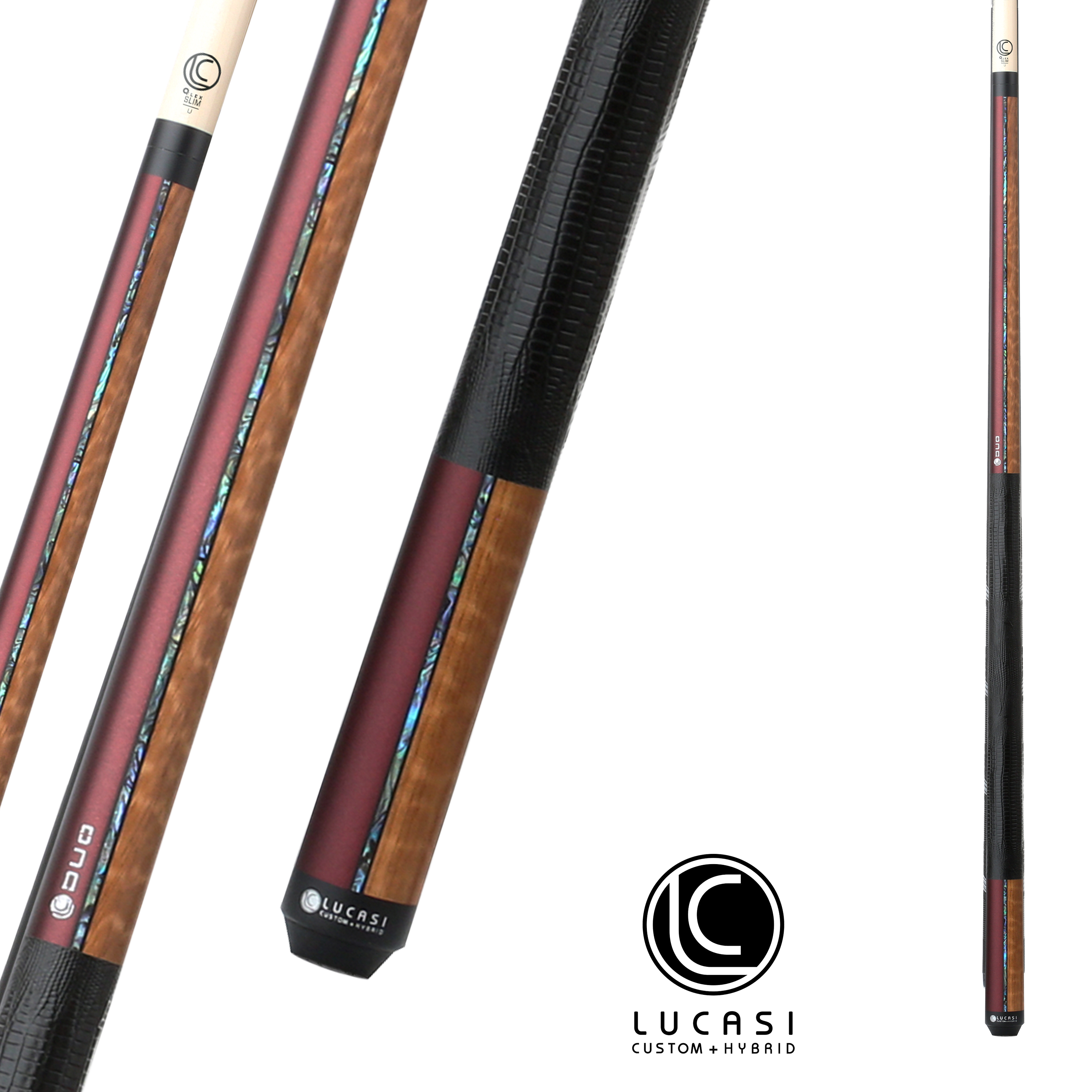 BAGUETTE DE BILLARD LUCASI DUO LZDU14 ROUGE ET EXOTIQUE GRIP CUIR EMBOSSÉ 13MM 19OZ
