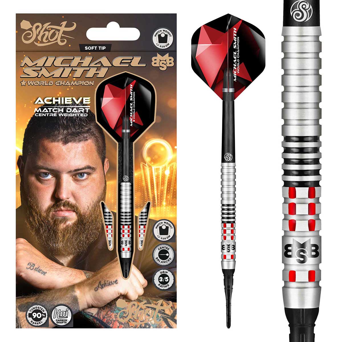 SHOT MICHAEL SMITH ACHIEVE SOFT TIP DART SET - 90% TUNGSTEN BARRELS