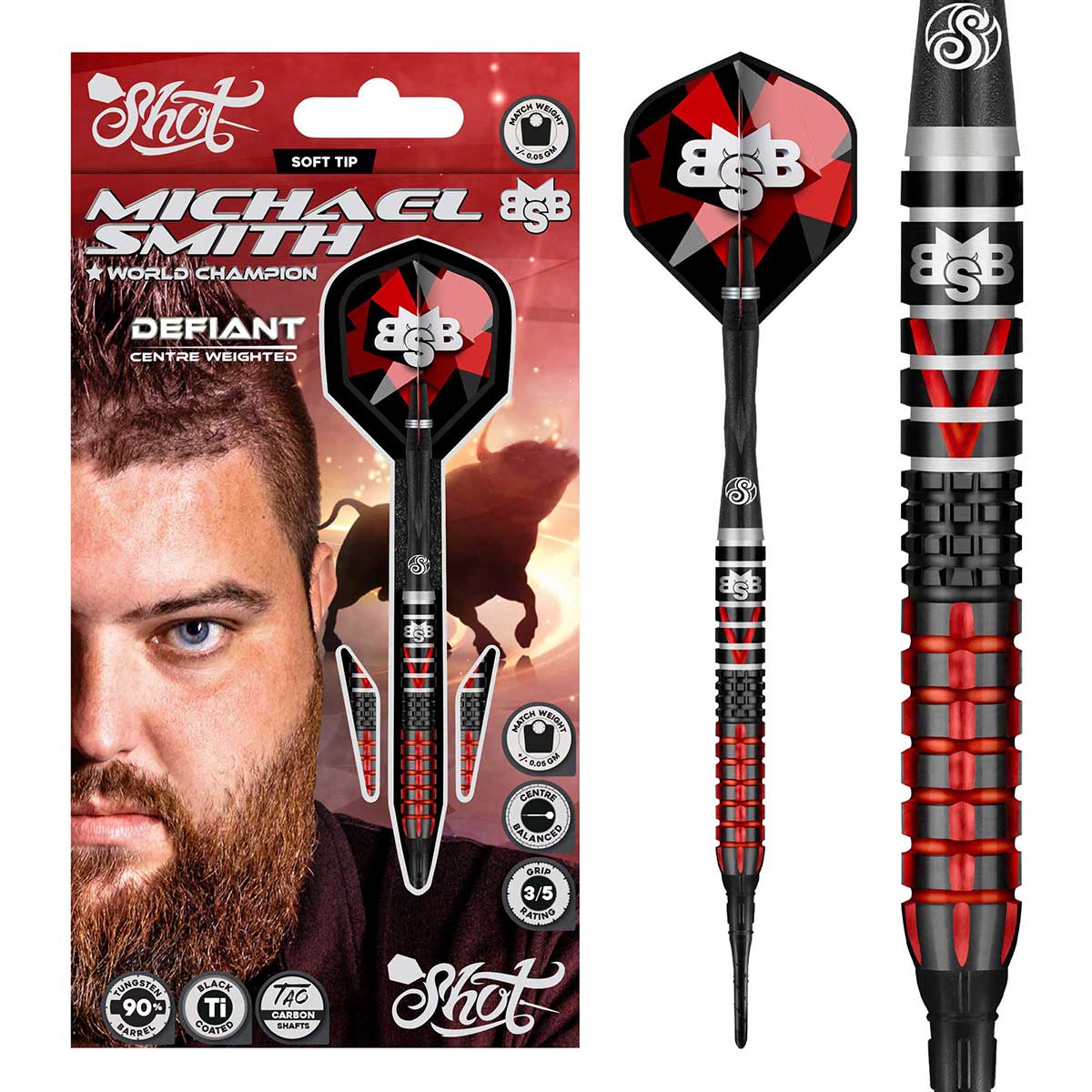 SHOT MICHAEL SMITH DEFIANT SOFT TIP DART SET - 90% TUNGSTEN BARRELS