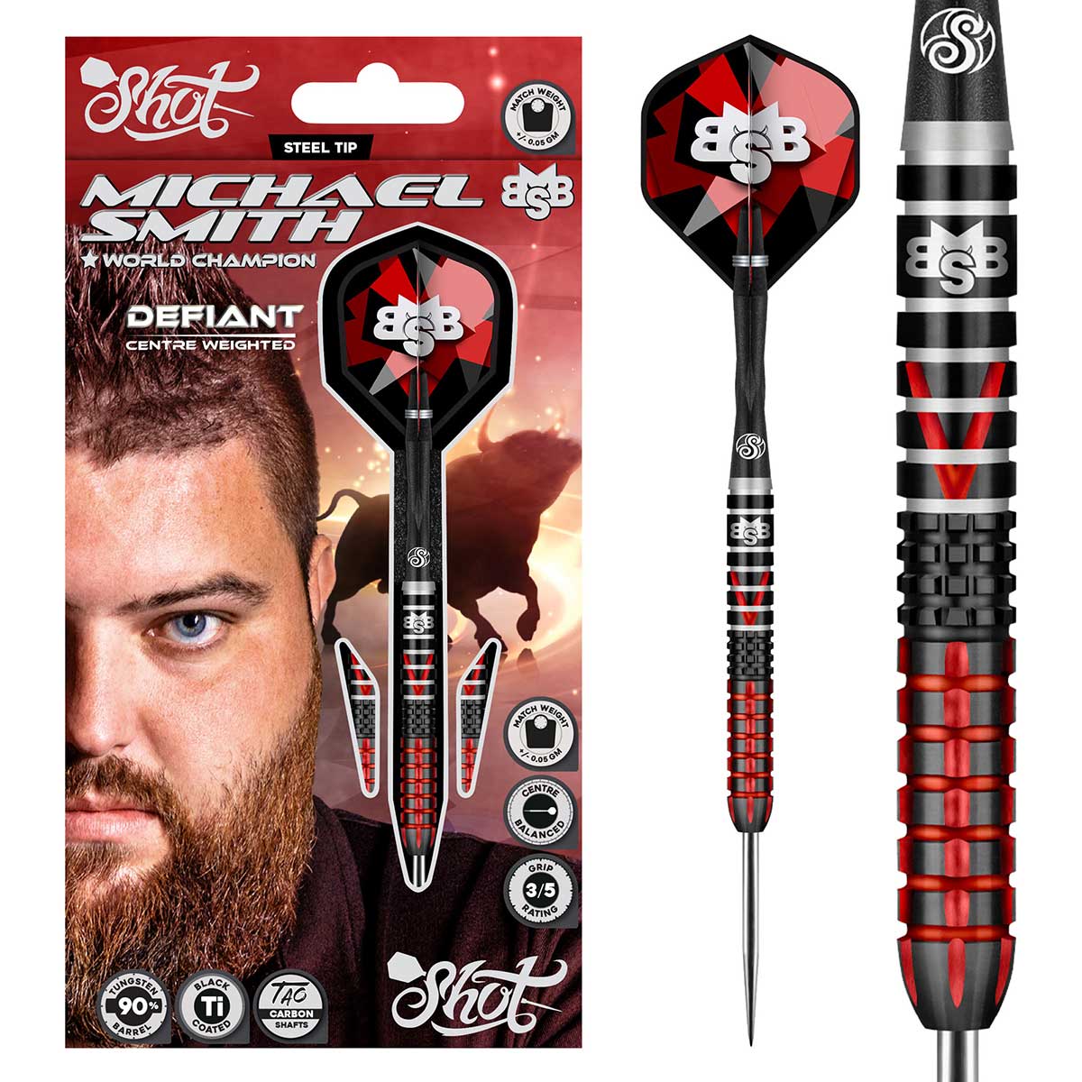 SHOT MICHAEL SMITH DEFIANT STEEL TIP DART SET - 90% TUNGSTEN BARRELS