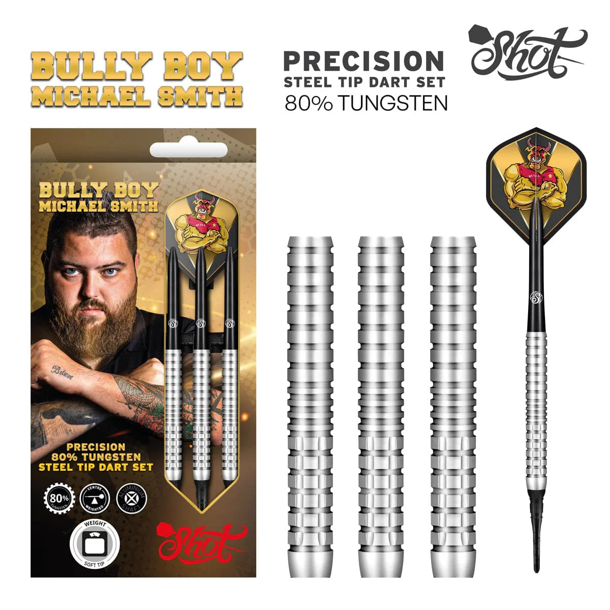 SHOT « BULLY BOY» MICHAEL SMITH PRECISION SOFT TIP DART SET - 80% TUNGSTEN BARRELS