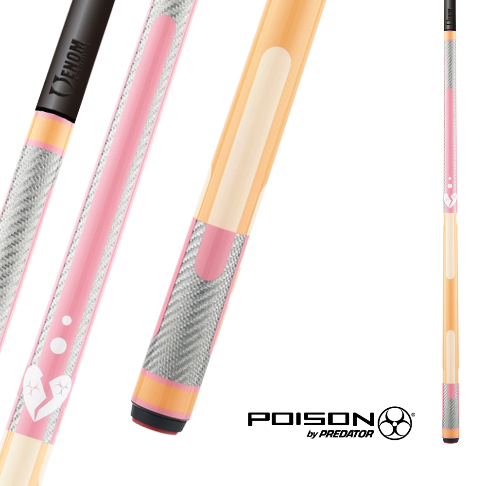 POISON CANDY SUGAR POOL CUE WITH CARBON FIBER SHAFT - PEACH/PINK - NO WRAP 12.4MM 19OZ
