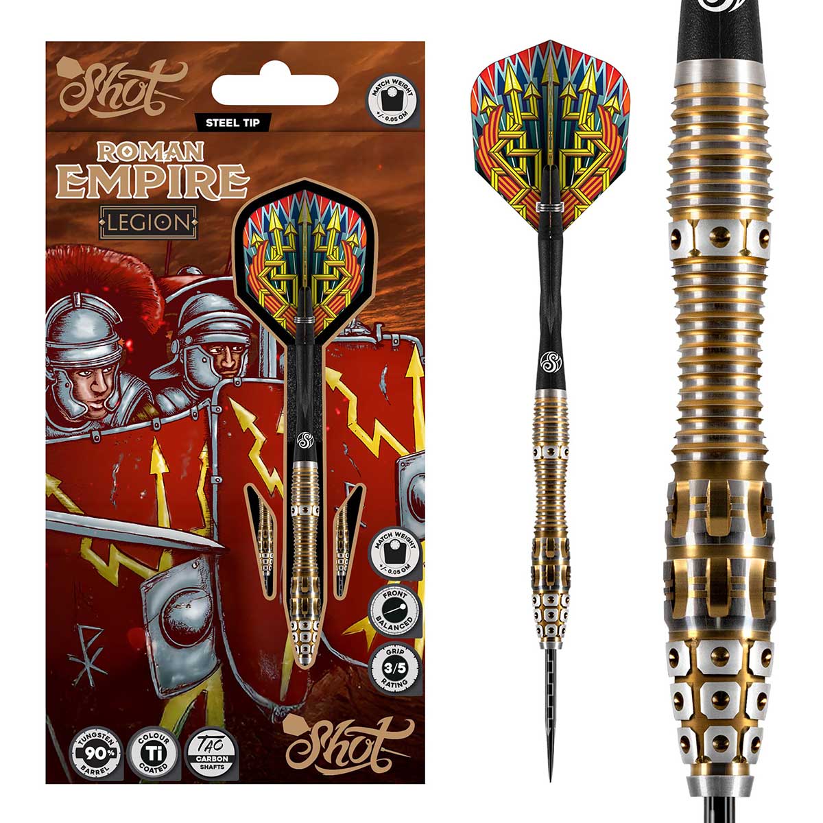 SHOT ROMAN EMPIRE LEGION STEEL TIP DART SET - 90% TUNGSTEN BARRELS