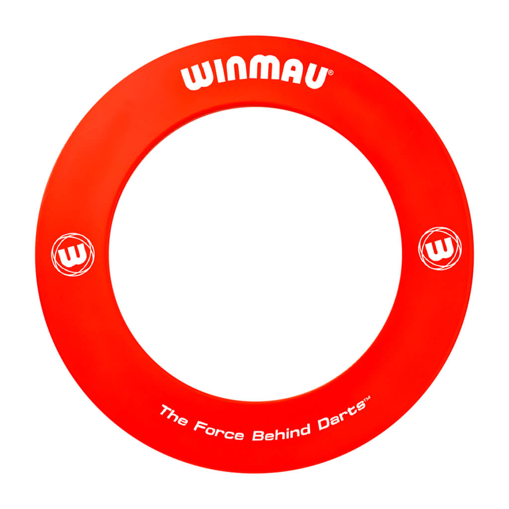 Red dartboard surround with the Winmau logo and the slogan &#39;The Force Behind Darts&#39; printed in white.