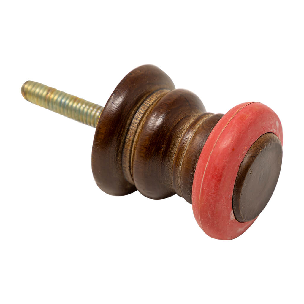 Traditional round wooden bumper pool post with a threaded brass rod and a red rubber bumper for classic bumper pool tables.
