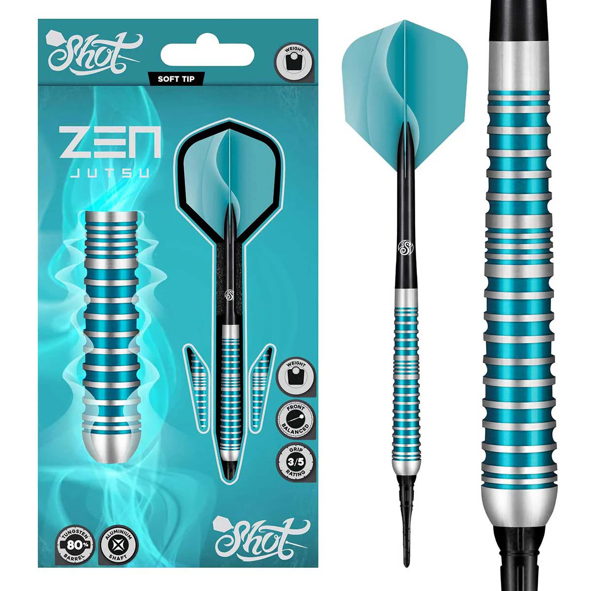 SHOT ZEN JUTSU SOFT TIP DART SET - 80% TUNGSTEN BARRELS