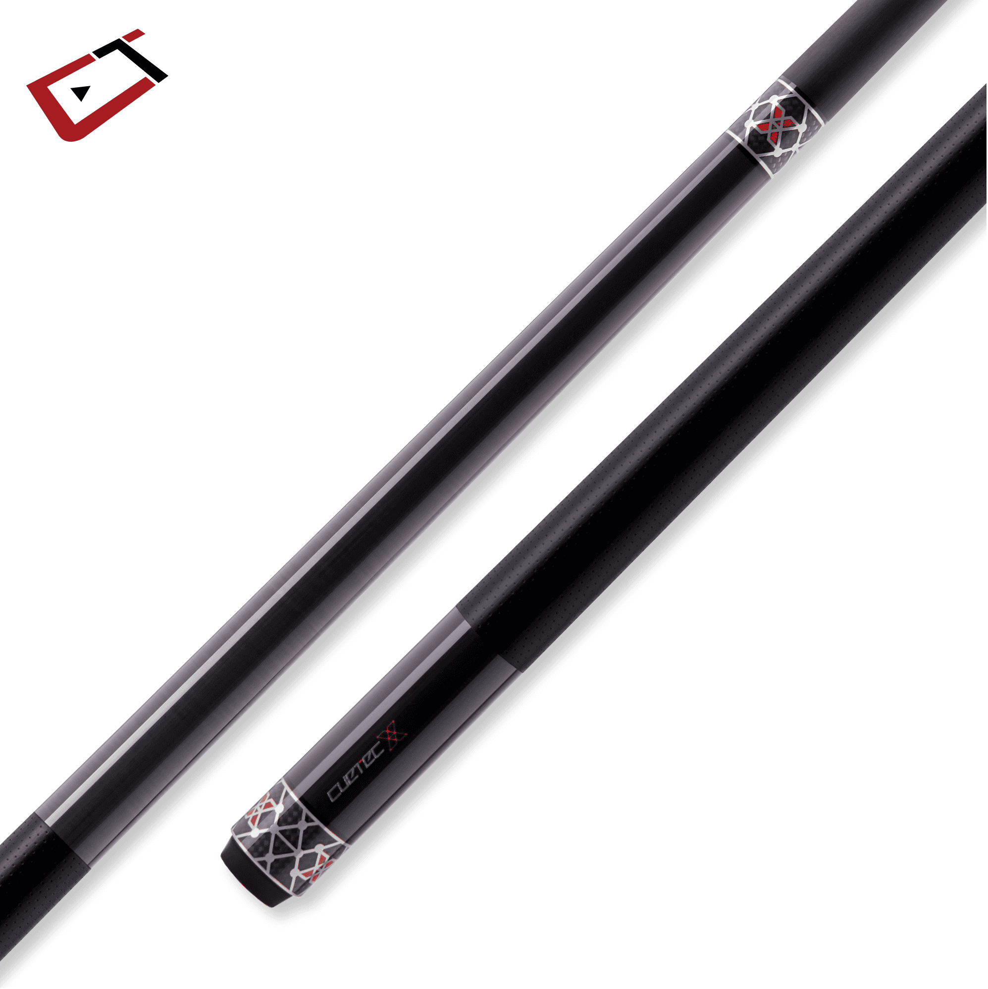 A black pool cue with a modern, sleek design featuring a glossy finish. The cue showcases decorative silver and red geometric patterns near the grip and tip ends, adding an elegant touch.