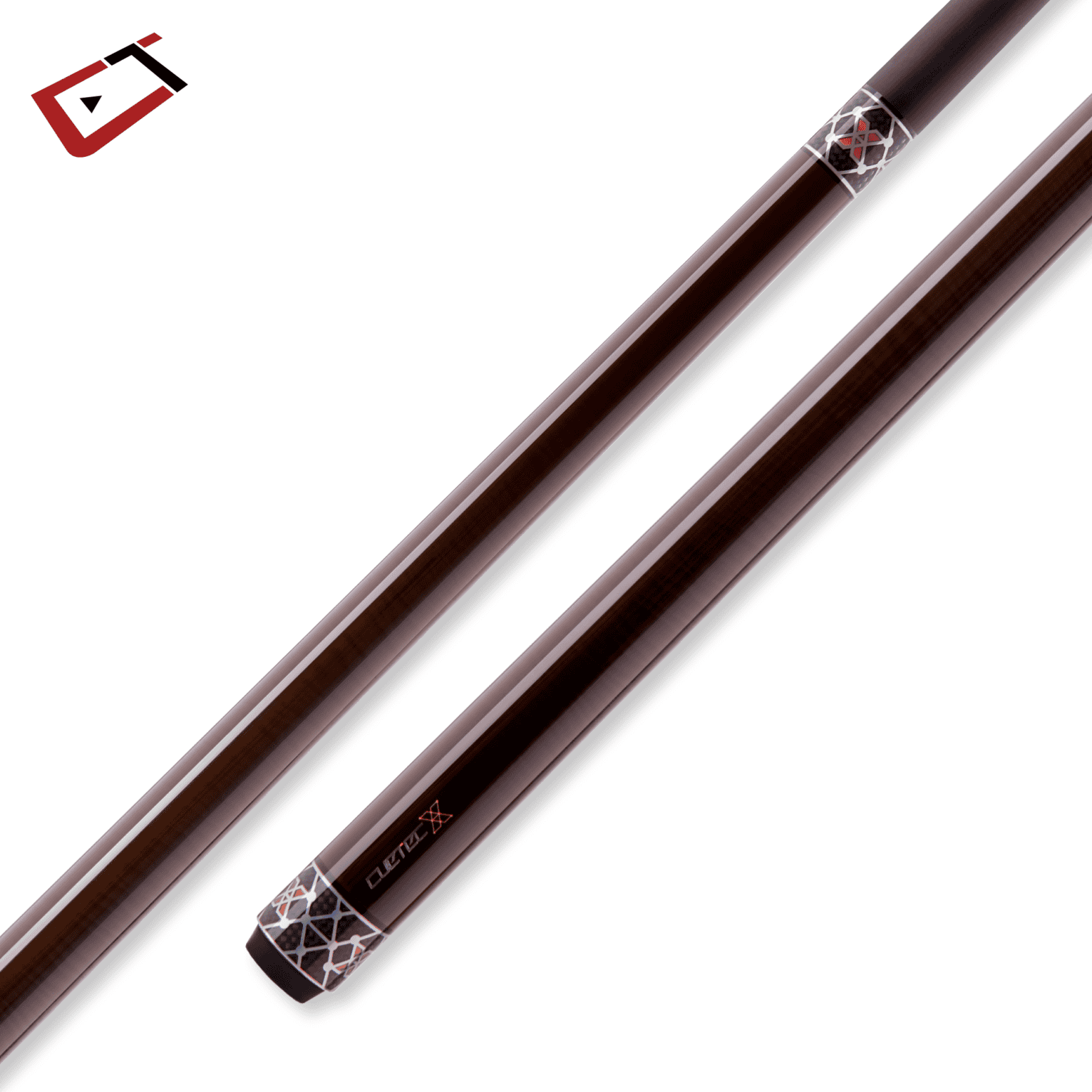 A high-quality pool cue with a glossy amber finish and intricate geometric designs near the grip. The cue's sleek design is complemented by a logo and stylish detailing, making it visually appealing for billiards enthusiasts.