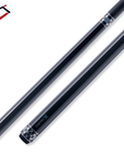 A sleek black cue stick with a glossy finish, featuring elegant silver accents and intricate blue and white geometric designs near the grip area, positioned diagonally across a white background.