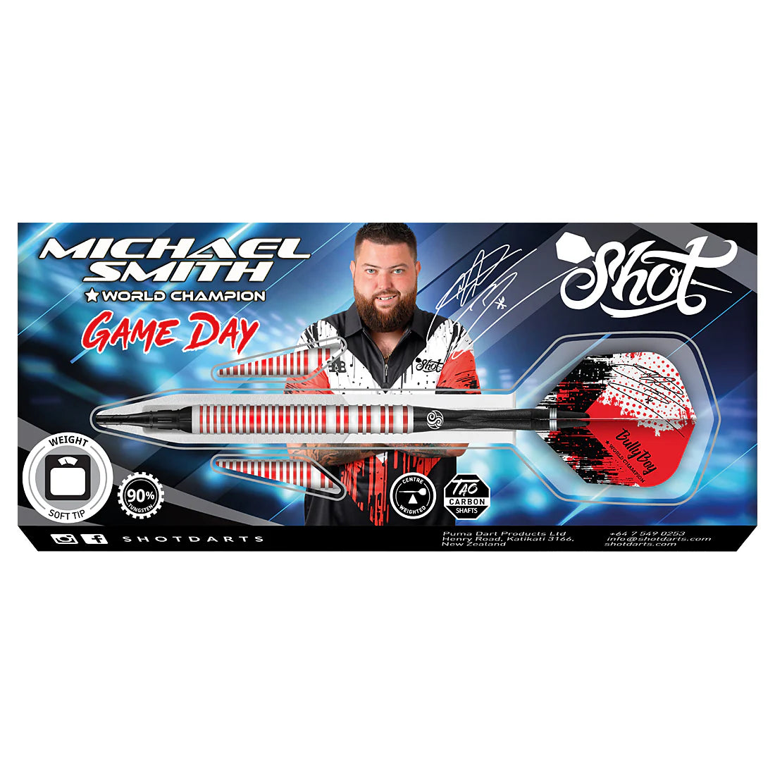 SHOT MICHAEL SMITH GAME DAY SOFT TIP DART SET - 90% TUNGSTEN BARRELS