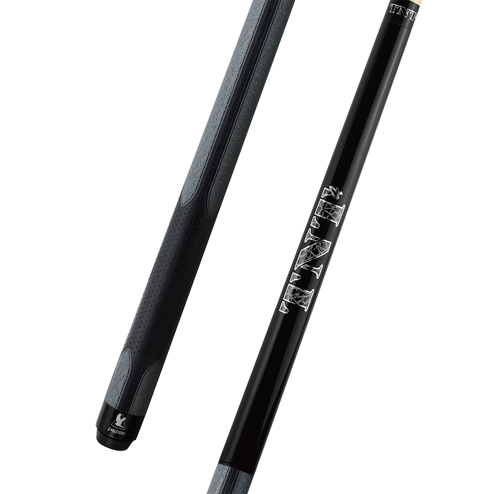 A sleek black pool cue with a textured grip handle and stylish white graphic text detailing along the shaft. The design features a blend of matte and glossy finishes, with the brand logo subtly displayed near the butt cap.