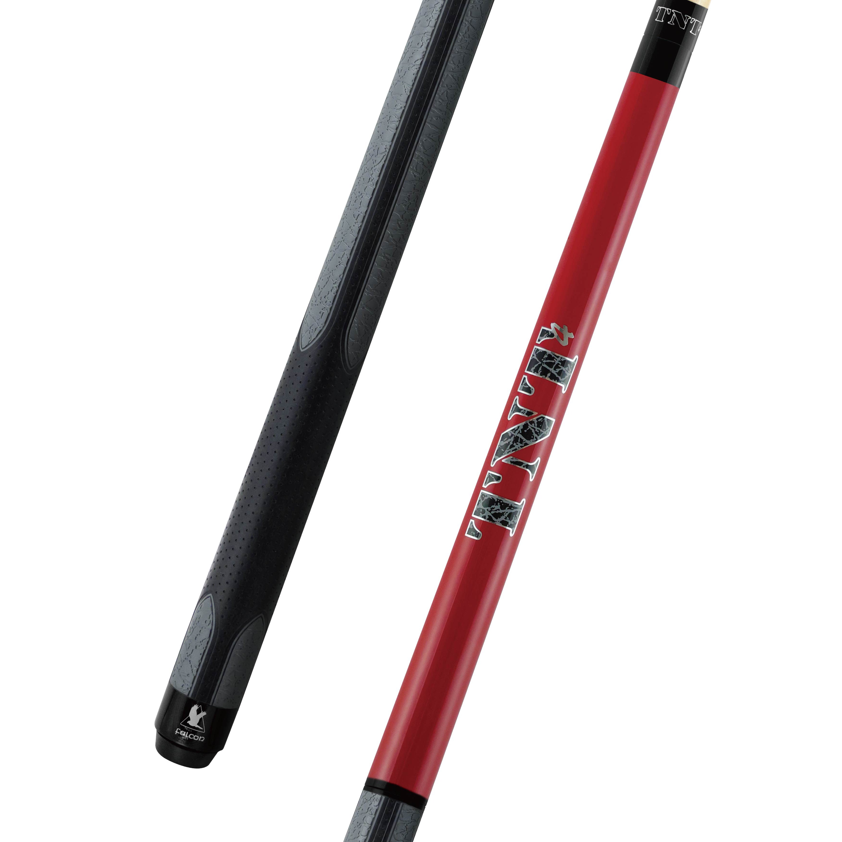 A sleek pool cue with a black textured grip handle and a vibrant red shaft. The shaft features bold white graphic text for a striking visual contrast. The brand logo is positioned near the base of the handle, adding a touch of elegance to the overall design.