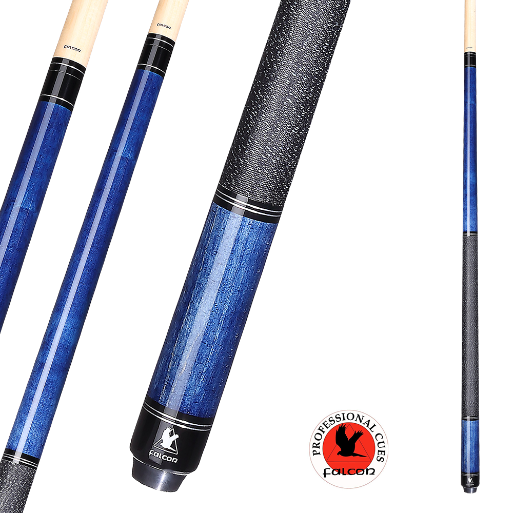 A close-up view of a professional-grade pool cue with a sleek blue shaft, accented by a textured black grip for enhanced handling. The cue features a polished design with the Falcon logo near the base, highlighting its high-quality craftsmanship. In the corner, a round emblem reads &quot;Professional Cues Falcon&quot; with an illustrated falcon silhouette.