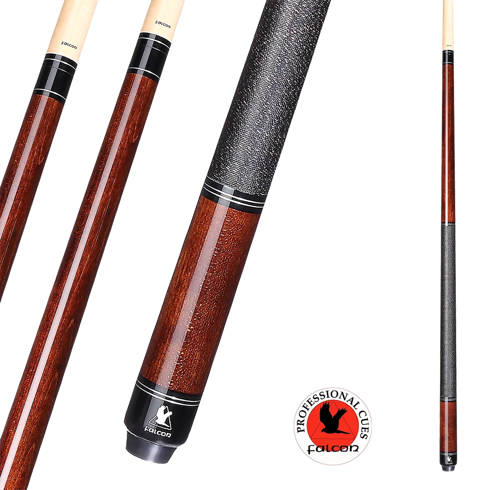 Professional-grade pool cue with a sleek design, featuring a polished wooden shaft in a rich mahogany tone, accented by a textured black leather grip for comfortable handling. The cue includes Falcon branding near the base and is accompanied by the &quot;Falcon Professional Cues&quot; logo, which depicts a falcon silhouette in black against a red circular background.






