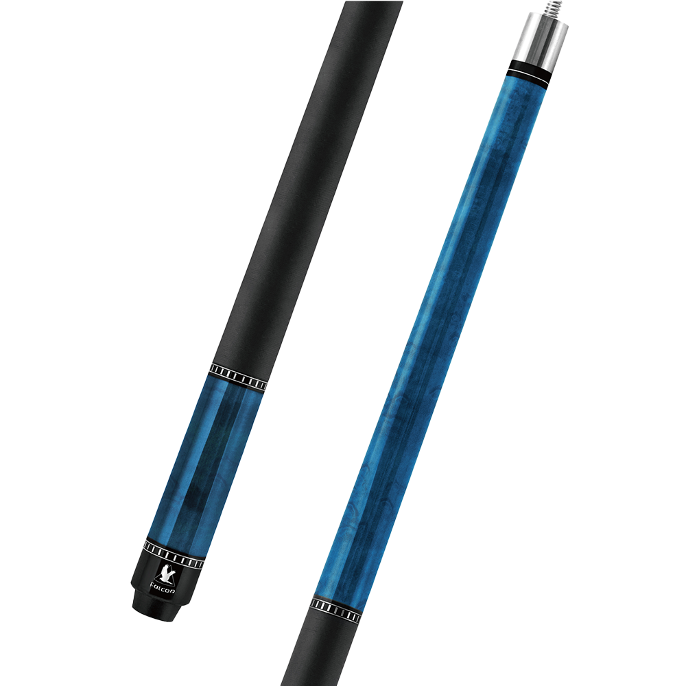 A pool cue with a vibrant blue stained birdseye maple butt, featuring a polished stainless steel joint collar,  wrap with black linen, and thin aluminum ring detailing. The shaft is detachable and showcases a sleek design with precision craftsmanship.