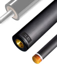 The image shows a pool cue shaft. There are three sections of the cue shaft displayed, each with a different view. The top part shows the threaded end of the shaft, which is designed to be attached to the cue butt. The middle part of the image shows the shaft in full, featuring a sleek black design with the logo "REVO" near the base. The bottom part shows the tip of the shaft, which is colored yellow, indicating the area of impact with the cue ball. The background is white, highlighting the product.