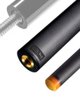 The image shows a pool cue shaft. There are three sections of the cue shaft displayed, each with a different view. The top part shows the threaded end of the shaft, which is designed to be attached to the cue butt. The middle part of the image shows the shaft in full, featuring a sleek black design with the logo "REVO" near the base. The bottom part shows the tip of the shaft, which is colored yellow, indicating the area of impact with the cue ball. The background is white, highlighting the product.