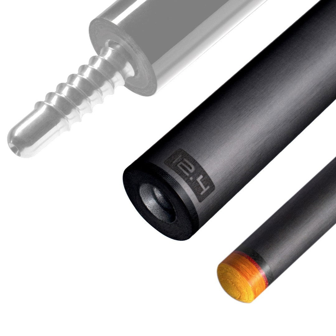 The image shows a pool cue shaft. There are three sections of the cue shaft displayed, each with a different view. The top part shows the threaded end of the shaft, which is designed to be attached to the cue butt. The middle part of the image shows the shaft in full, featuring a sleek black design with the logo &quot;REVO&quot; near the base. The bottom part shows the tip of the shaft, which is colored yellow, indicating the area of impact with the cue ball. The background is white, highlighting the product.