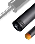 The image shows a pool cue shaft. There are three sections of the cue shaft displayed, each with a different view. The top part shows the threaded end of the shaft, which is designed to be attached to the cue butt. The middle part of the image shows the shaft in full, featuring a sleek black design with the logo "REVO" near the base. The bottom part shows the tip of the shaft, which is colored yellow, indicating the area of impact with the cue ball. The background is white, highlighting the product.