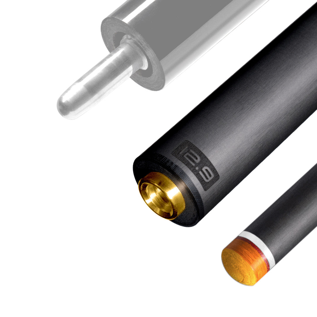 The image shows a pool cue shaft. There are three sections of the cue shaft displayed, each with a different view. The top part shows the threaded end of the shaft, which is designed to be attached to the cue butt. The middle part of the image shows the shaft in full, featuring a sleek black design with the logo &quot;REVO&quot; near the base. The bottom part shows the tip of the shaft, which is colored yellow, indicating the area of impact with the cue ball. The background is white, highlighting the product.