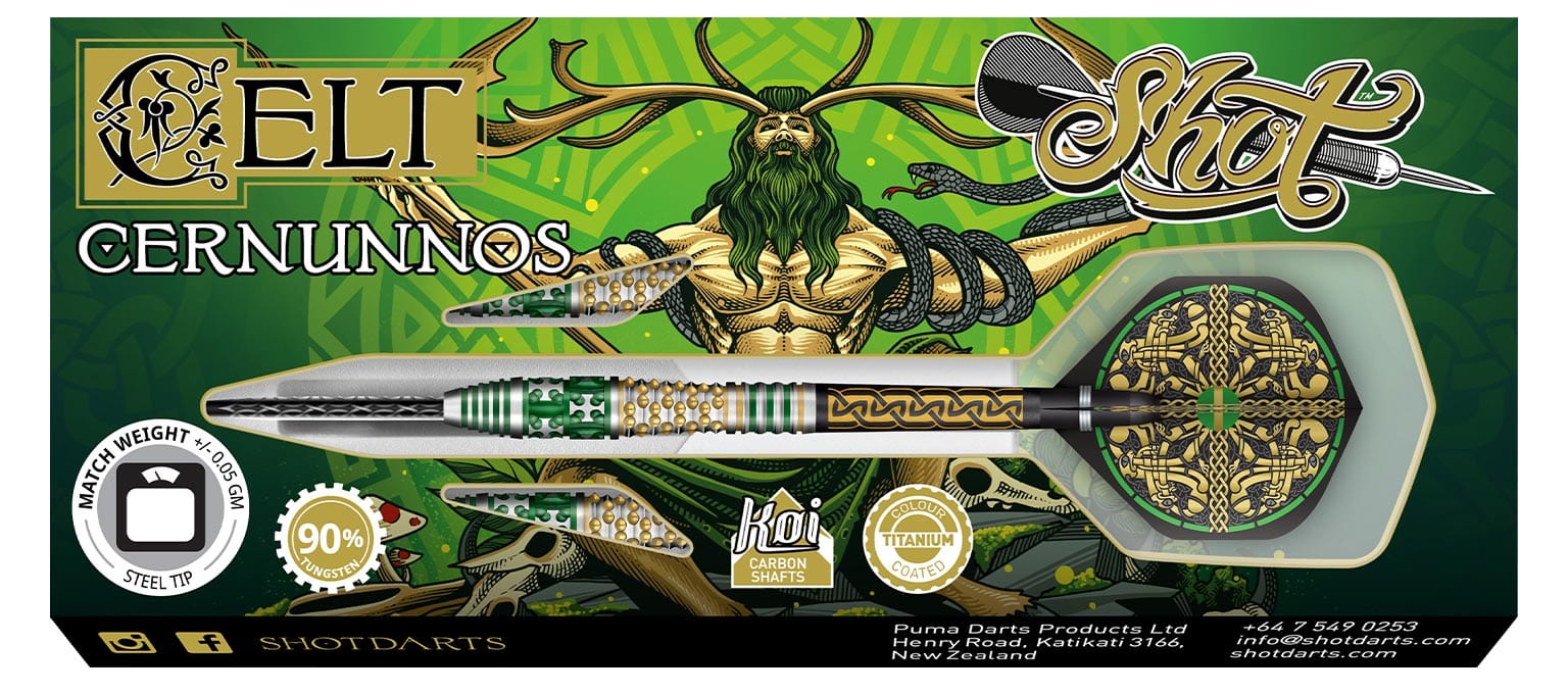 SHOT CELT CERNUNNOS STEEL TIP DART SET - 90% TUNGSTEN BARRELS