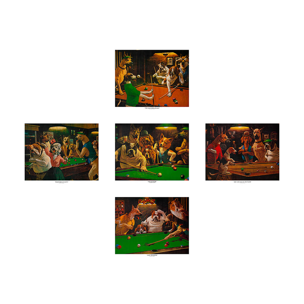 SET OF 5 DOGS PLAYING POOL 16X20 POSTER